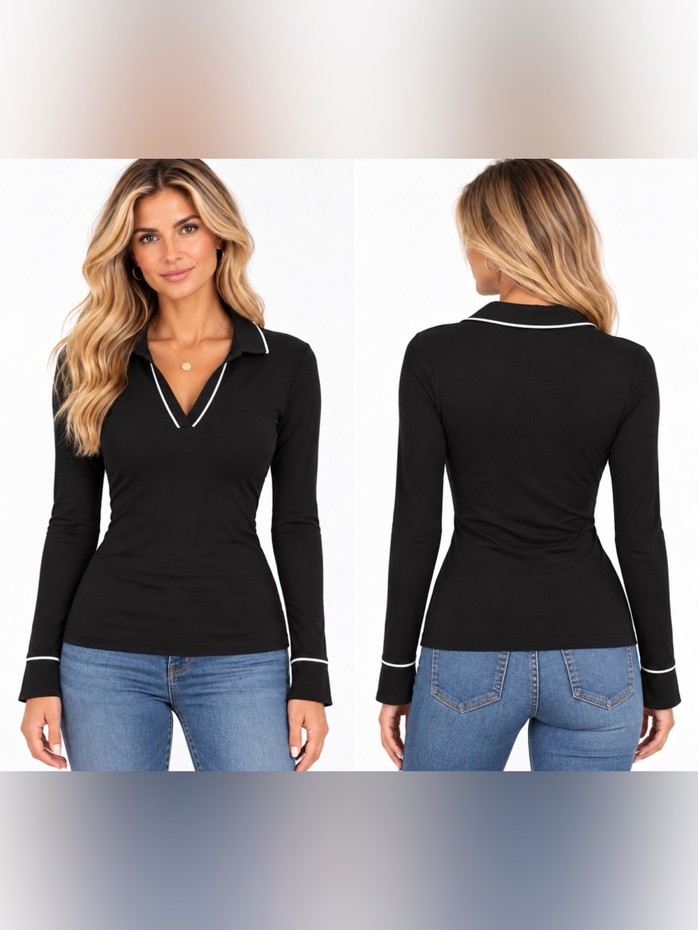 OGL Black Long-Sleeve Polo Top with White Piping
